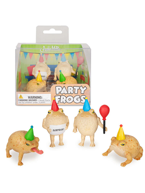 A collection of vibrant frog figurines dressed in party attire, holding tiny party hats and balloons, ready to celebrate.