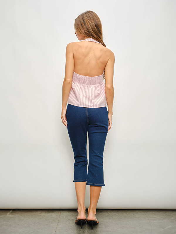 Alan Ruched Halter Top: Pink Stripe