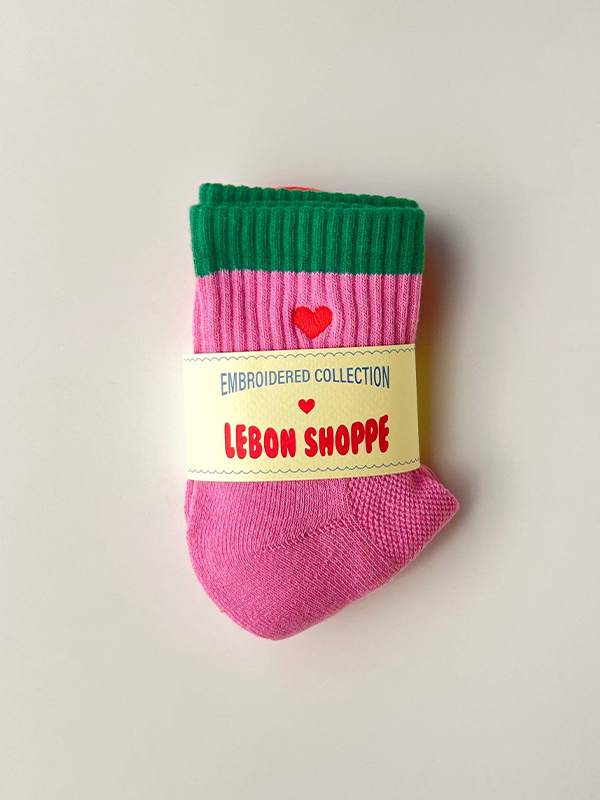 Embroidered Color Block Girlfriend Socks: Rose/Green with Heart