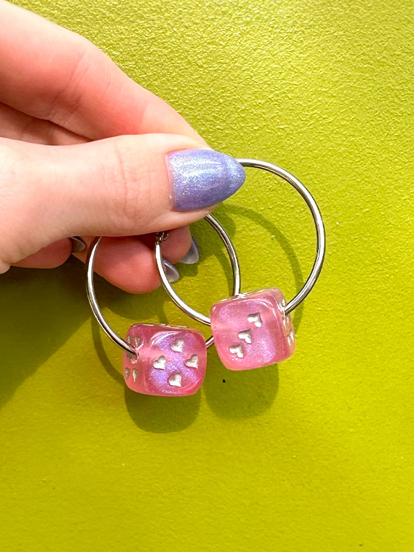 Love's A Gamble Dice Hoops Earrings: Pink