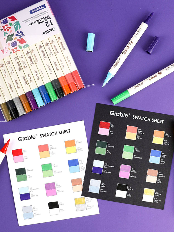 Dual Tone Brush Tip Acrylic Paint Markers: Set of 12