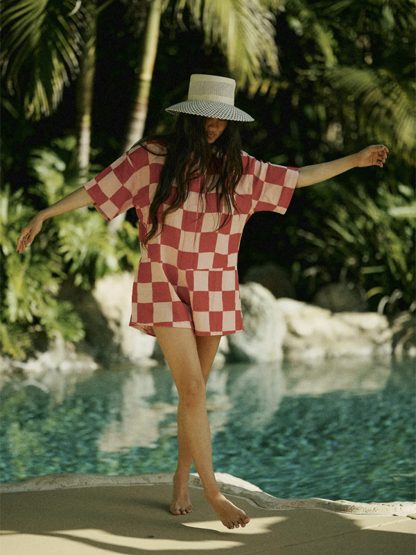 The Getaway Romper: Silver Pink/Adrenaline Rush Checkerboard