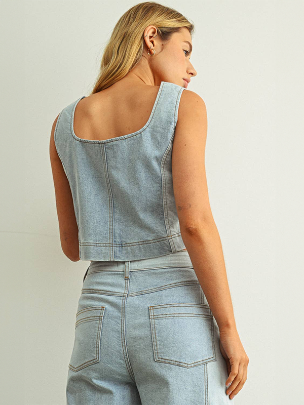 Denim Color-Blocked Top