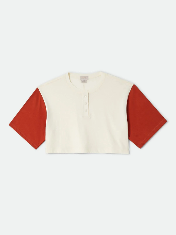 Carefree Organic Garment Dye Cropped Henley: Off White/Rust