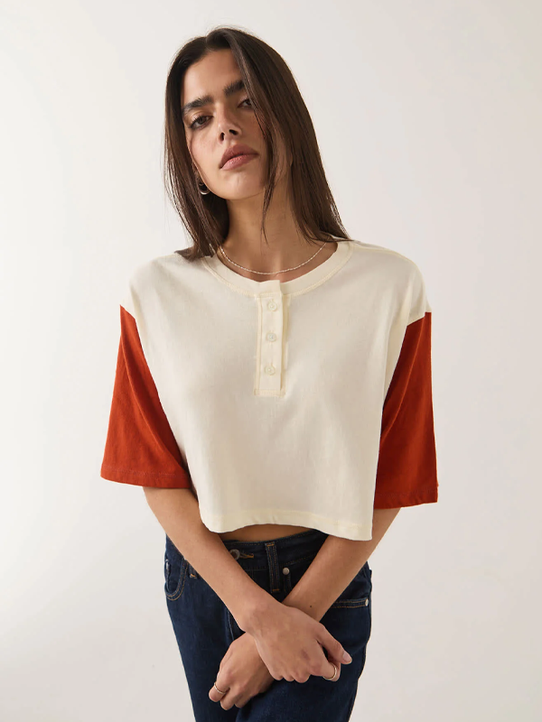 Carefree Organic Garment Dye Cropped Henley: Off White/Rust