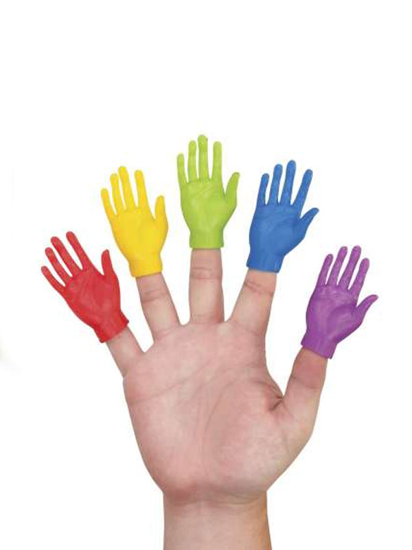 A set of colorful hand-shaped finger puppets in a variety of bright rainbow hues, designed for playful, interactive use with detailed features and a soft texture.